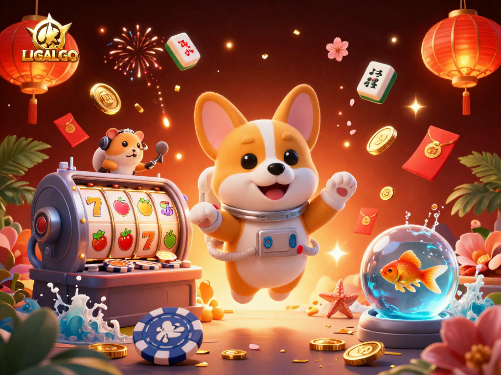 LIGALGO casino adventure featuring a floating corgi astronaut amid slot reels and vibrant gaming elements