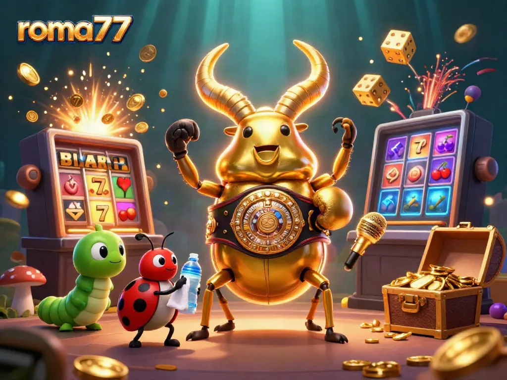Slot jackpot roma77 terbuka dengan permainan dan karakter kartun menarik dalam suasana cerah.