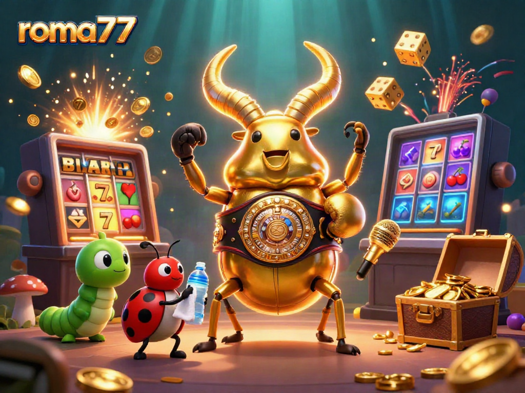 Slot jackpot roma77 terbuka dengan permainan dan karakter kartun menarik dalam suasana cerah.