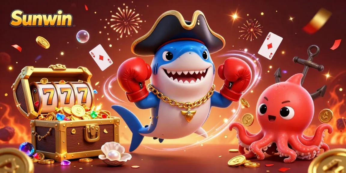 Experience gaming excitement with Sunwin's cartoon shark, pufferfish, and octopus in a vibrant casino setting.
