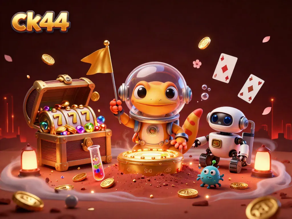 ck44 Martian gecko explores a vibrant casino scene filled with golden treasures and gaming elements.