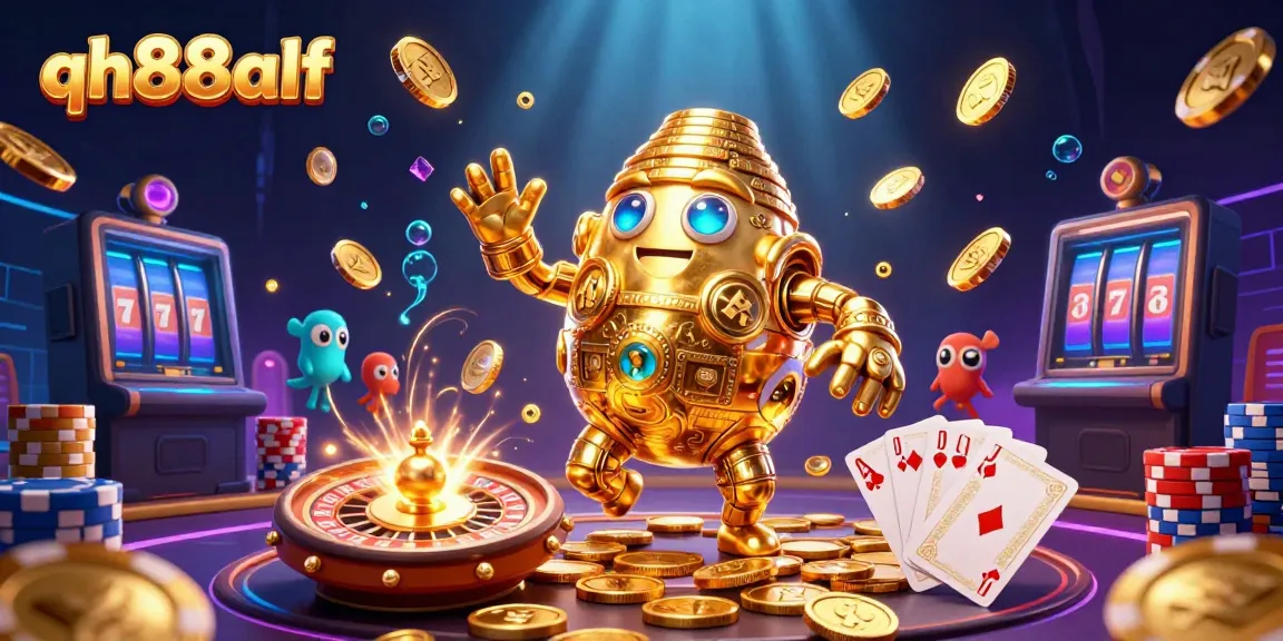 Experience the excitement of qh88alf with a vibrant, dynamic 3D casino scene featuring a golden golem surrounded by games and prizes.