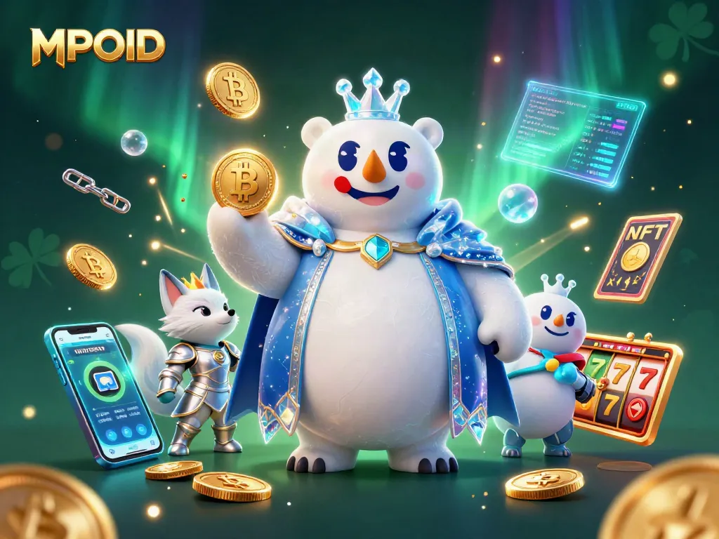 Engage with the MPOID platform featuring a polar bear and snow fox amidst vibrant slot elements and cryptocurrency