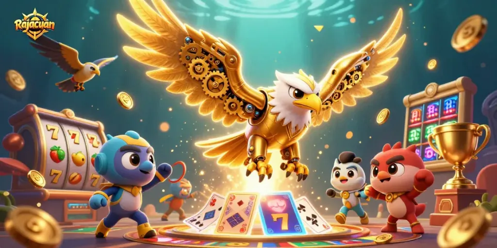Rajacuan features a dynamic golden eagle navigating a slot-themed wonderland, showcasing winning moments.