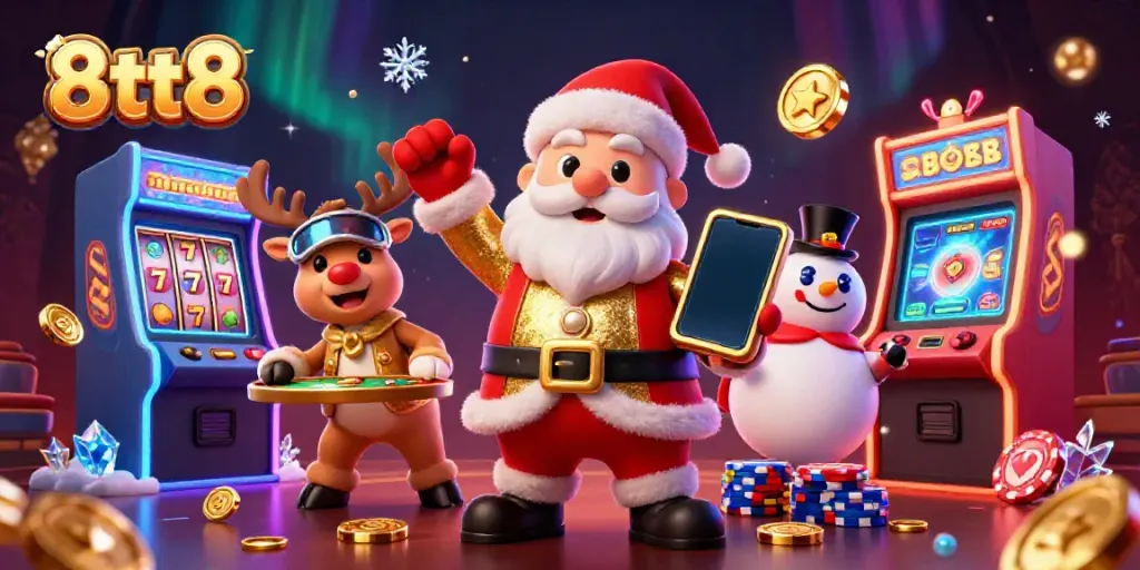 Experience jackpot excitement with 8tt8 in a lively casino scene featuring Santa and friends.