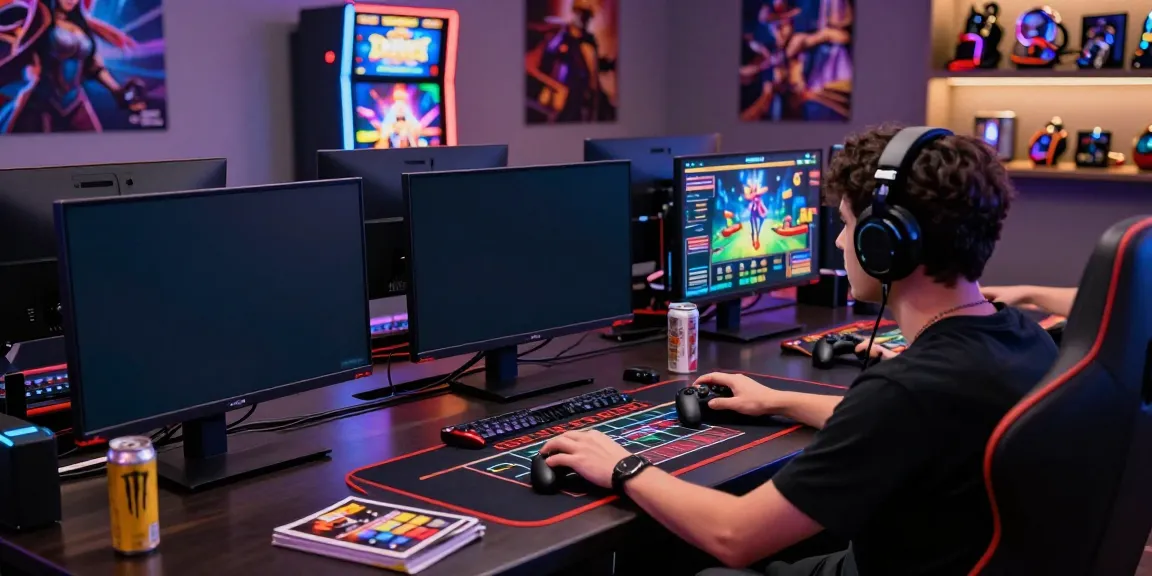 Pengguna TOTOWIN88 sedang bermain game online di ruang permainan modern dengan beberapa layar.