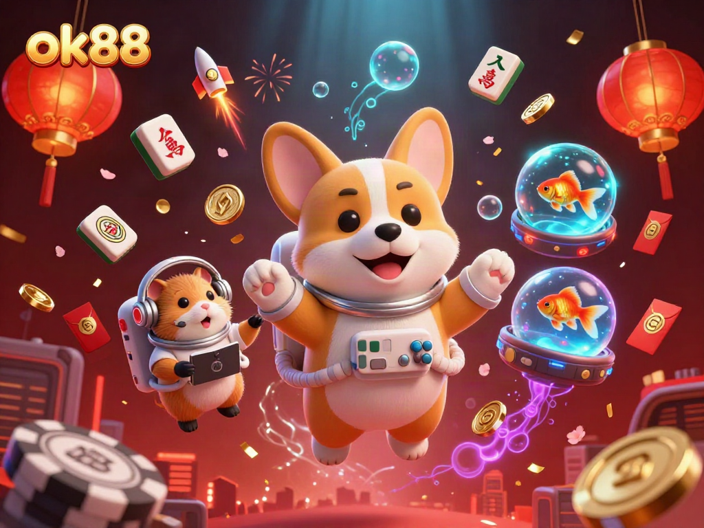 Experience thrilling fun at ok88 with a vibrant space casino scene featuring a corgi and a hamster.