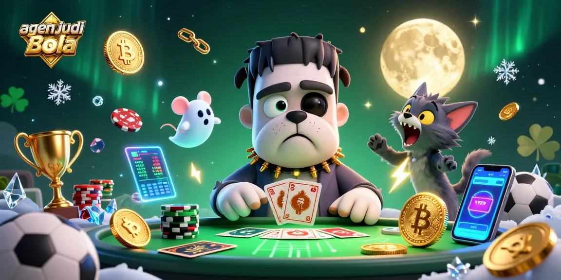 Engage with the dynamic agen judi bola scene featuring a cartoon bulldog dealer, playful ghost mouse, and howling kitten.