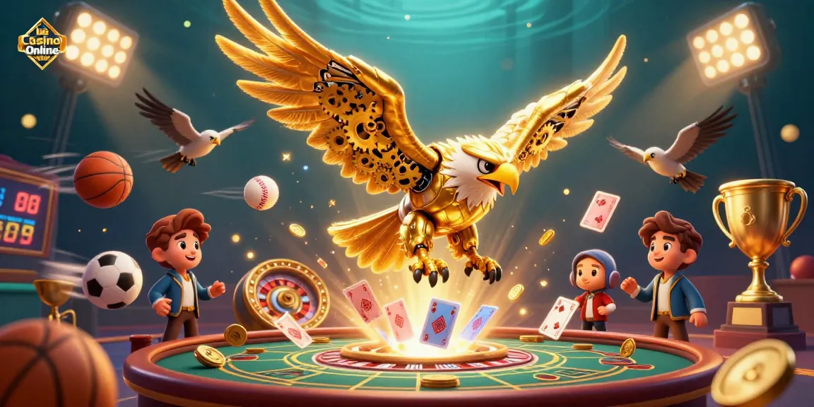 Experience thrilling action with Live Casino Online, featuring a cybernetic eagle surrounded by gaming elements.