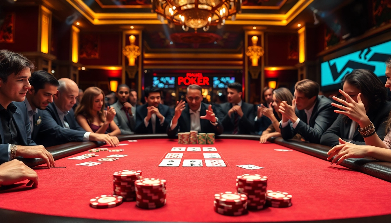 Experience poker mania with players engaged in an exciting game at an elegant casino table.