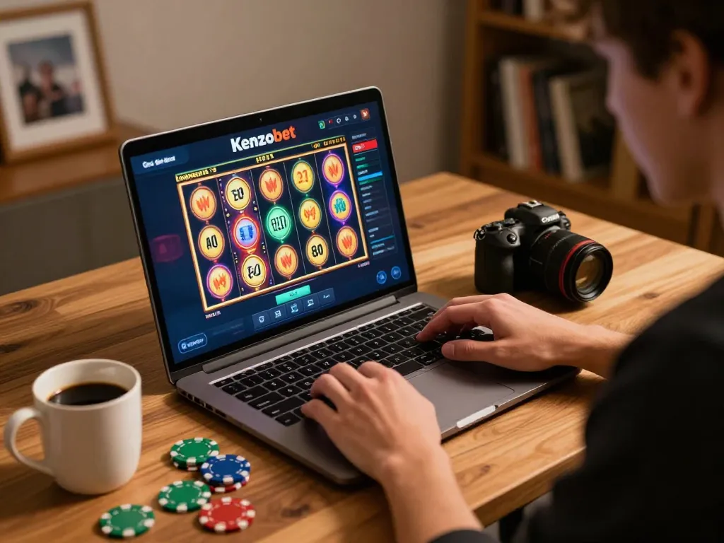 Kenzobet player spinning the reels of online slot machines from a cozy home setup, blending excitement with responsible gaming.