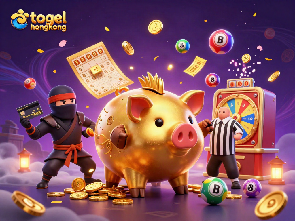 Togel hongkong dikemas dalam ilustrasi tarung koin emas dengan karakter unik dan elemen judi.