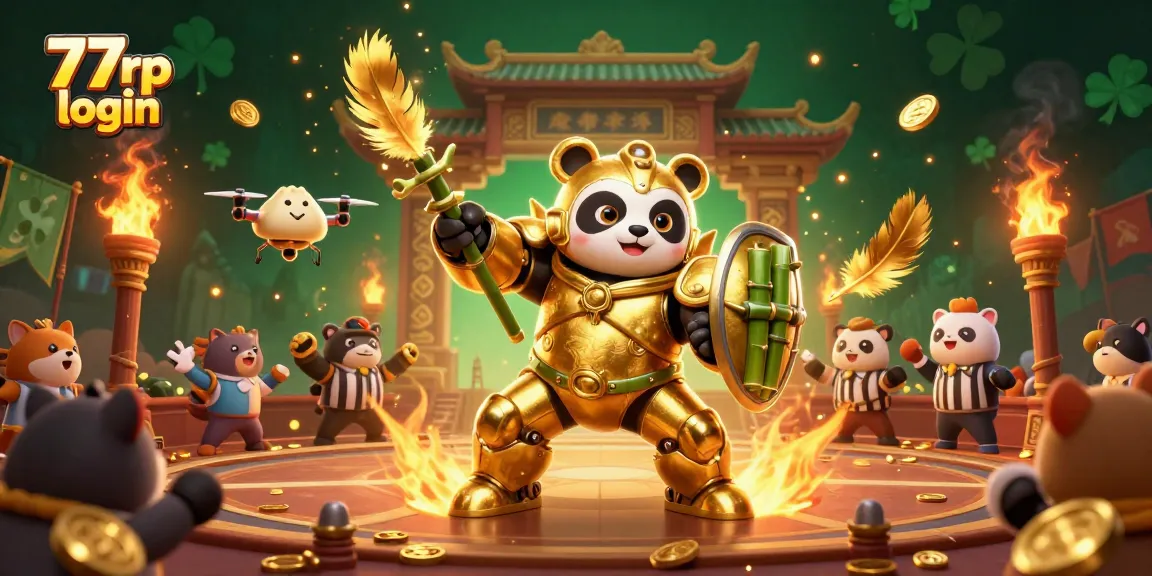 Engage with the exciting 77rp login process as a golden panda robot battles in a dynamic casino arena.