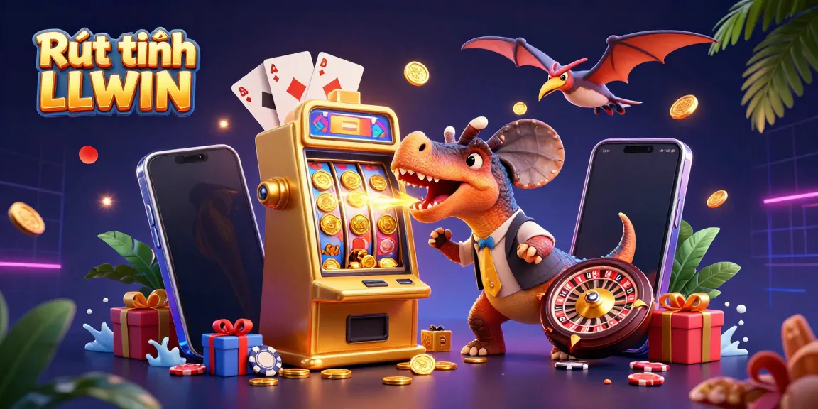 Experience the excitement of Rút tiền LLWIN as a dinosaur headbutts a slot machine, surrounded by gold coins and casino elements.