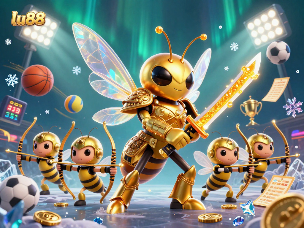 lu88 brings excitement as a golden hornet battles with bee archers amidst dynamic sports elements.
