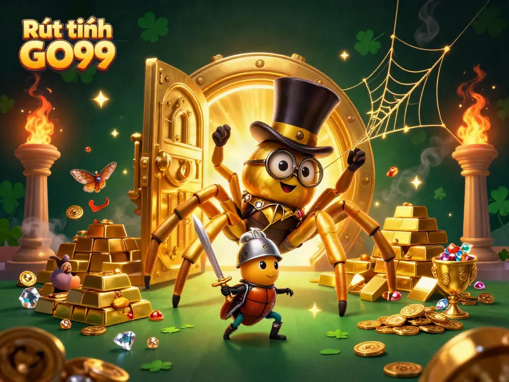 Experience Rút tiền GO99 with a vibrant and dynamic casino-themed illustration showcasing a golden tarantula and knight.