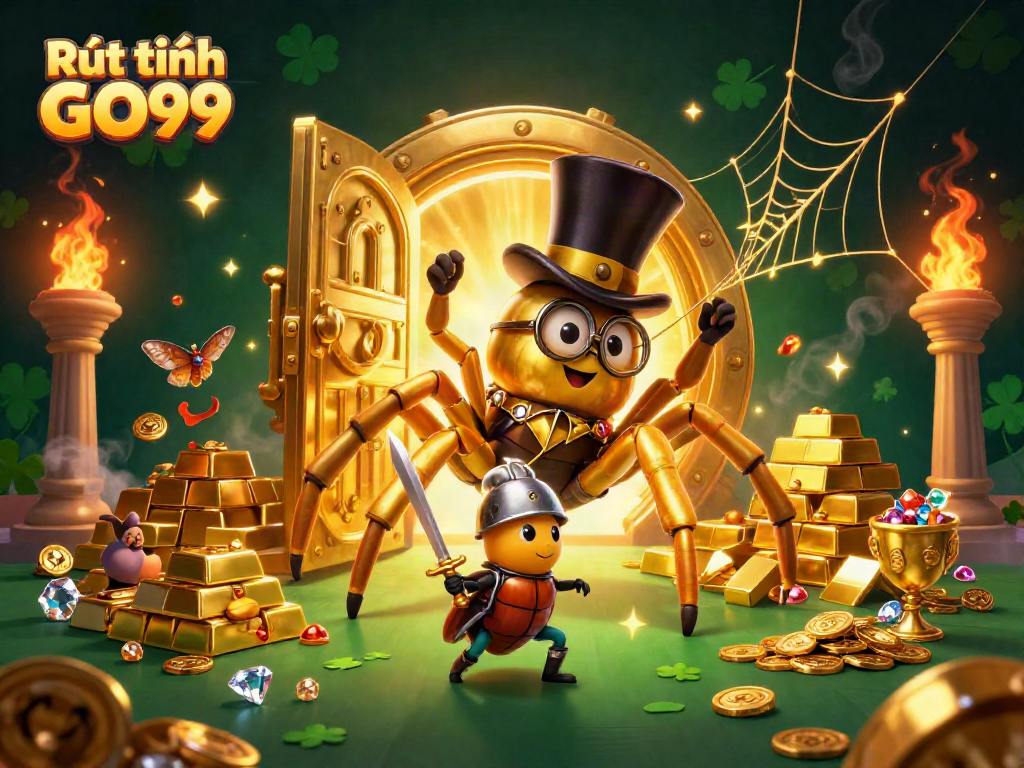 Experience Rút tiền GO99 with a vibrant and dynamic casino-themed illustration showcasing a golden tarantula and knight.