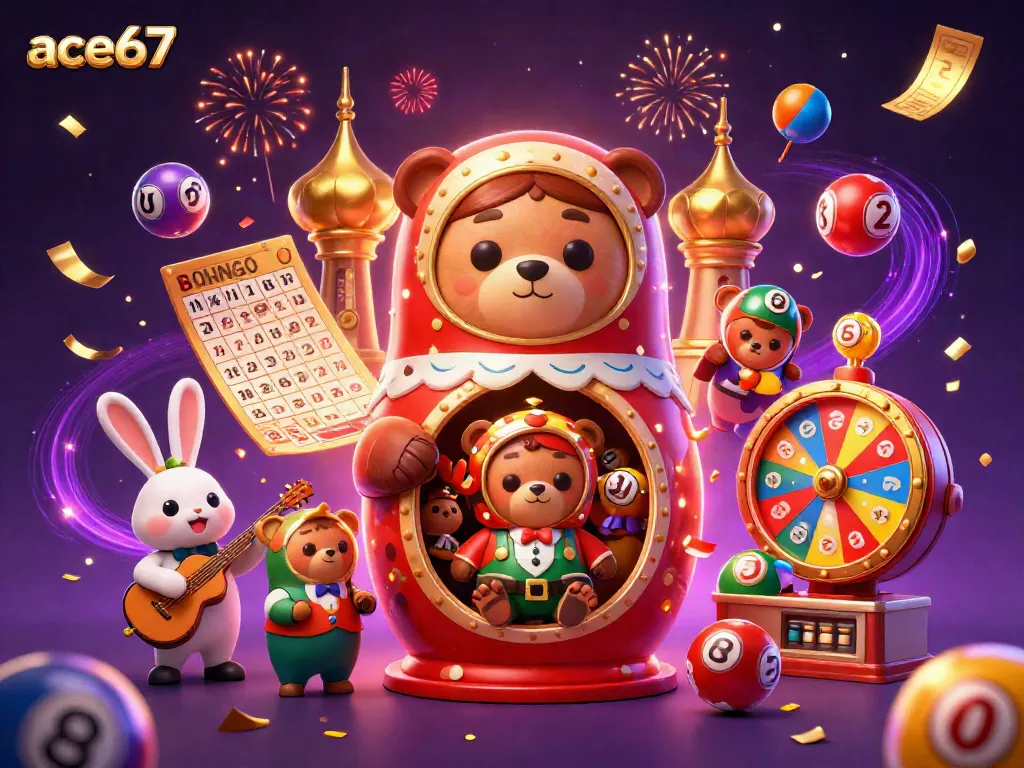 Experience the excitement of ace67 with vibrant bingo balls and dealers in a festive casino illustration.