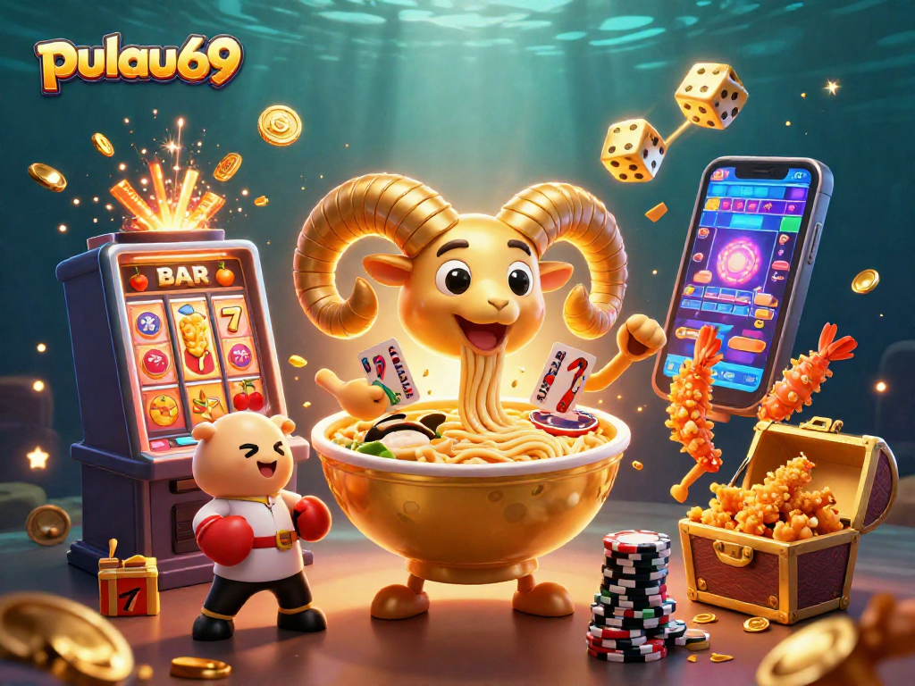 Experience pulau69 excitement with a giant ramen bowl dealer surrounded by vibrant casino elements.