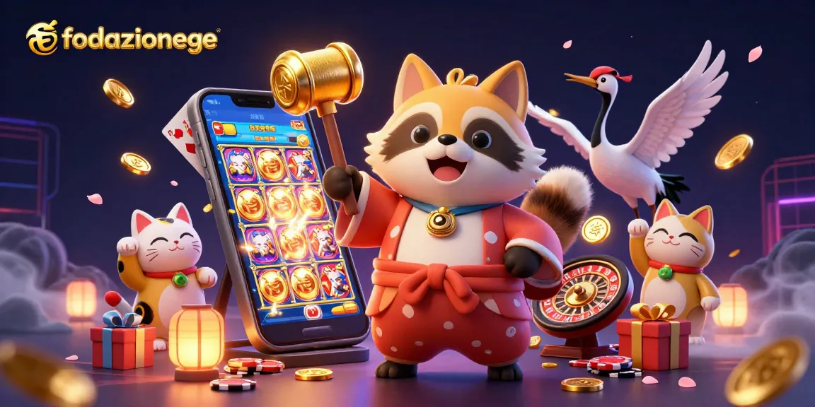 Experience thrilling gaming with fondazionege's vibrant illustration of a cheerful tanuki and lucky symbols.