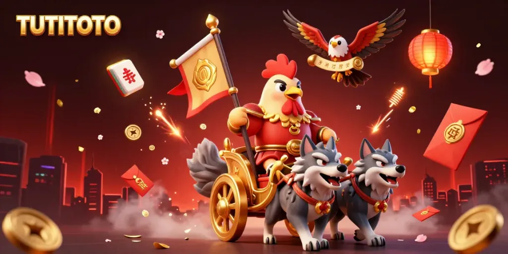 TUTITOTO represents a vibrant 3D cartoon scene of a rooster warlord and wolves in a casino-inspired world.