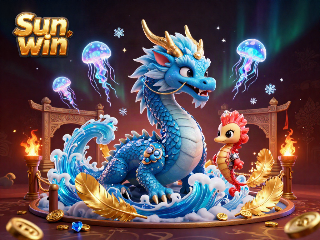 Experience the thrill of Sun win with a vibrant casino illustration featuring a mythical dragon, seahorse knight, and dynamic game elements.