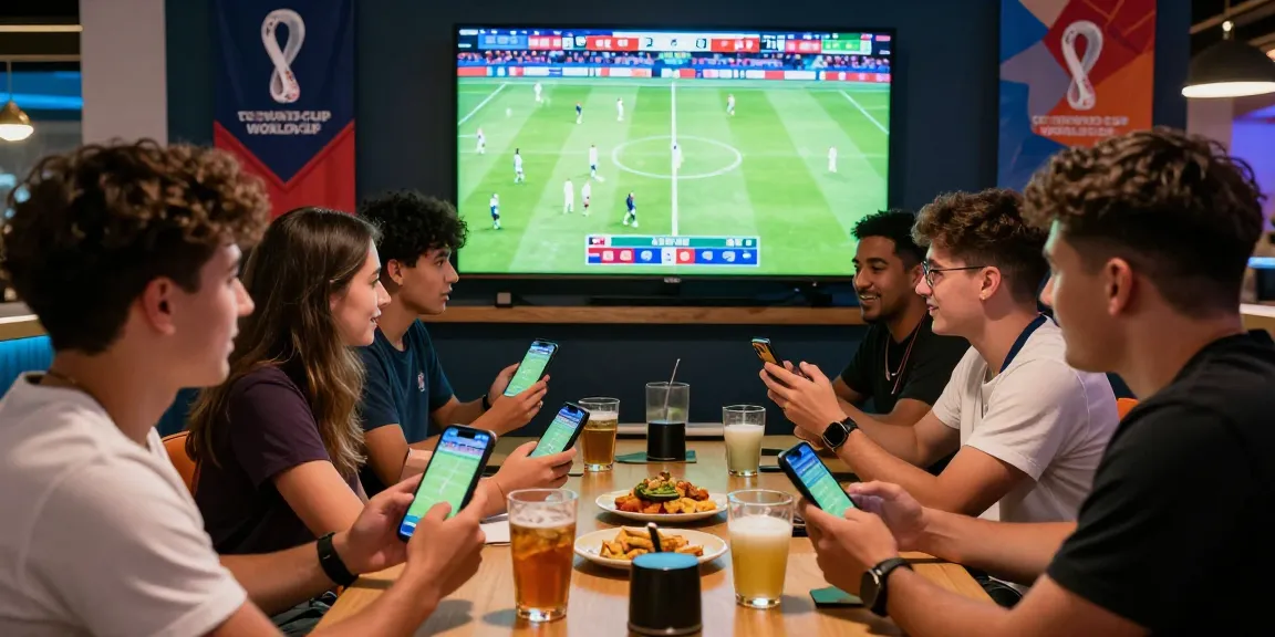 A lively group enjoying a tempototo parlay betting experience while watching the 2026 World Cup match on screen.