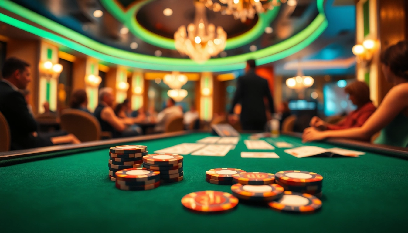 tkp188 menampilkan suasana kasino yang mewah dengan meja permainan dan keripik poker berwarna cerah.