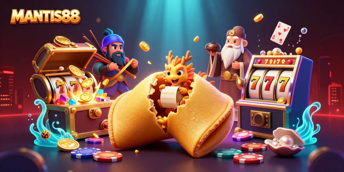 Spin reels and win at MANTIS88, with a magical fortune cookie and vibrant gold treasures around.
