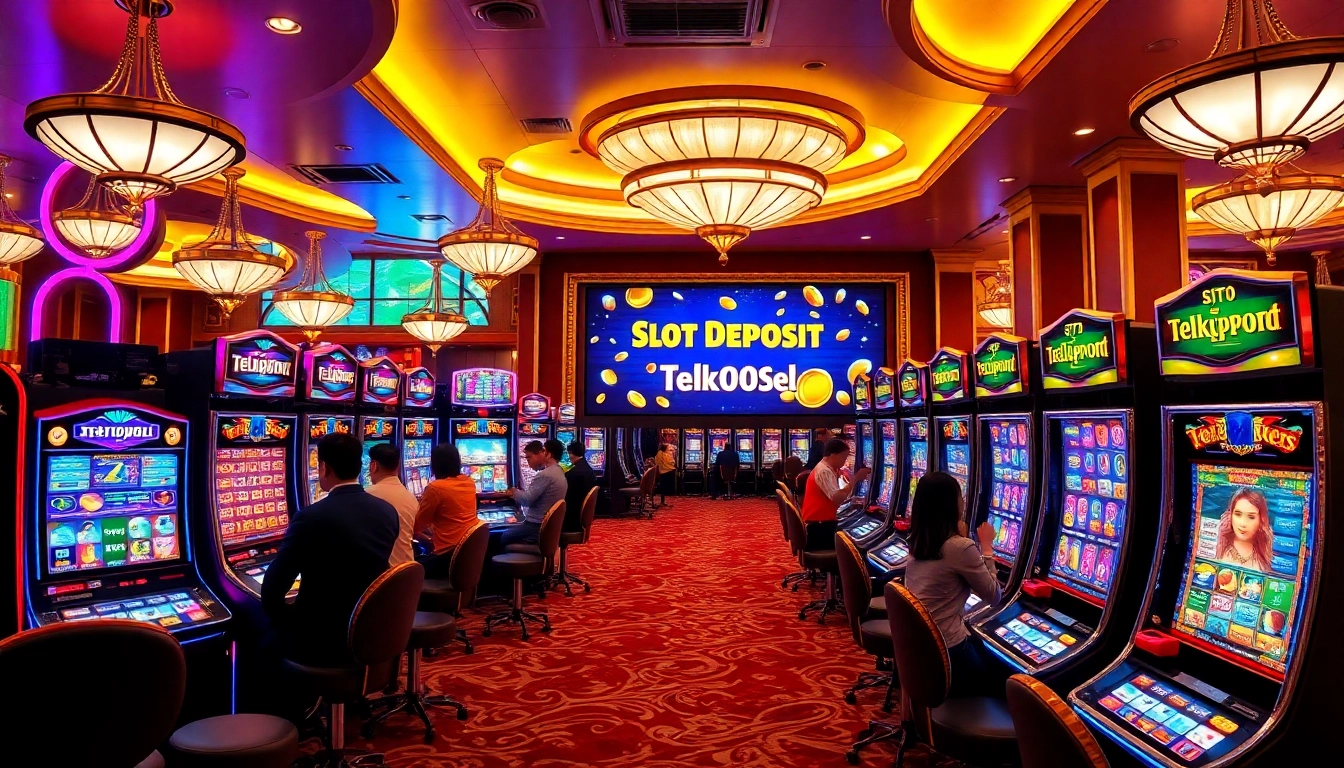 Exciting gameplay at a luxurious casino featuring slot deposit pulsa telkomsel slot machines and players engaged in winning.