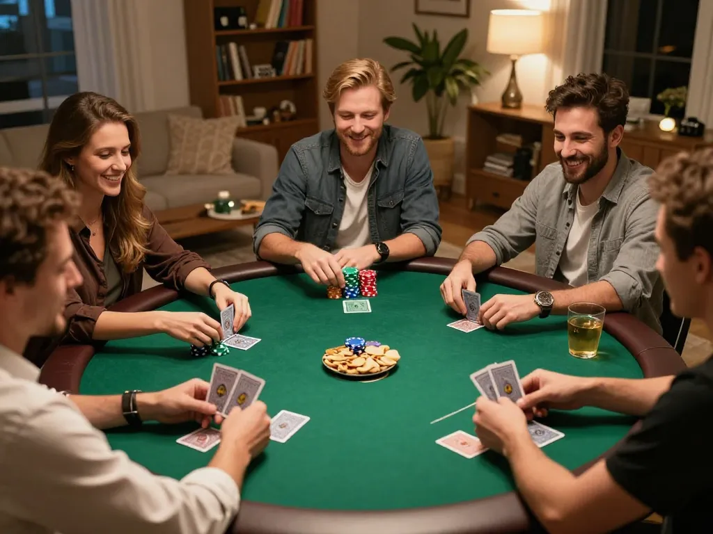 Friends playing poker at their home table during a lively lc88 night, showcasing chips and cards.