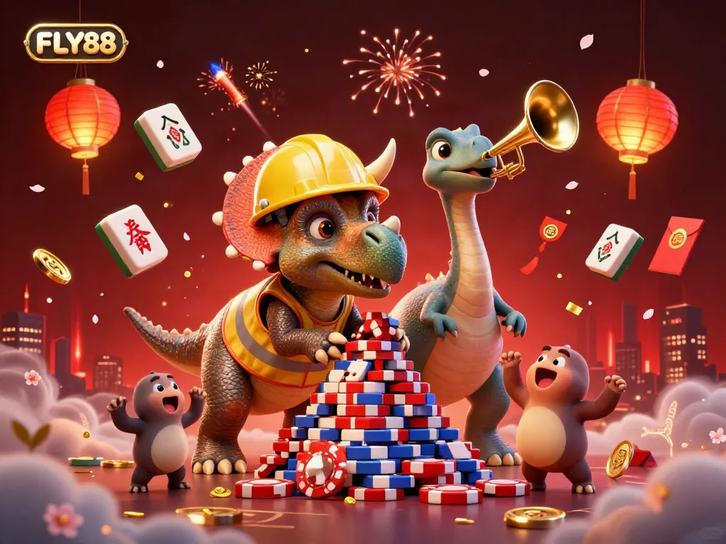 FLY88 captures a vibrant casino atmosphere with exciting gaming elements and characters in celebration.