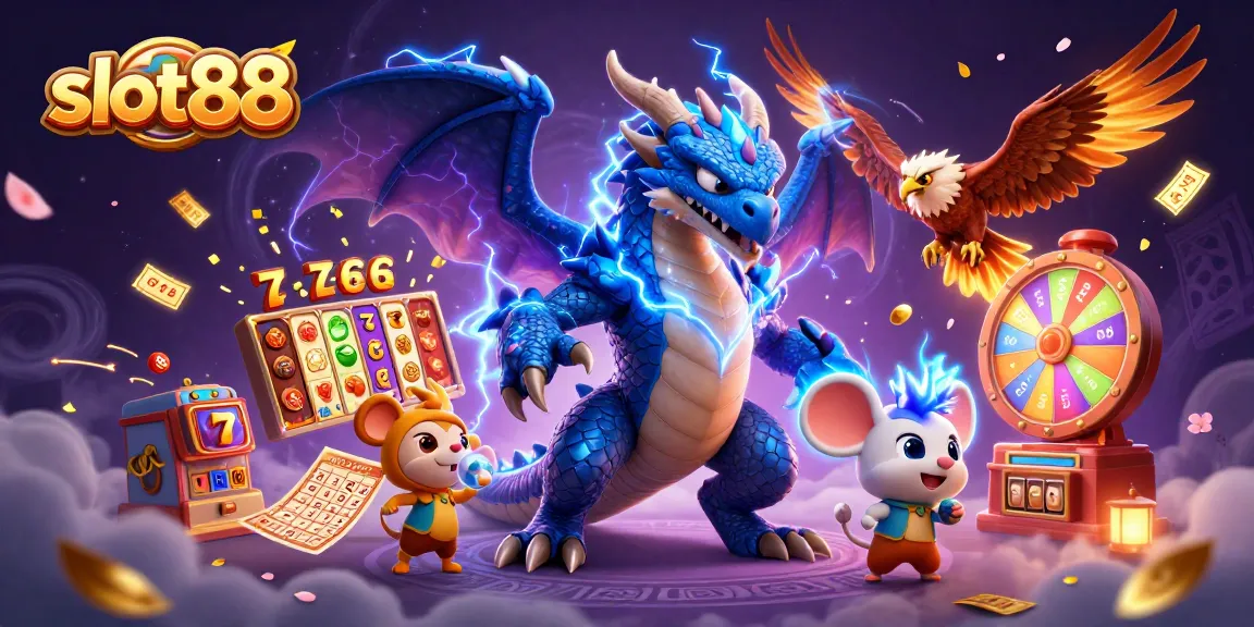 Slot88 menarik pemain dengan simbol slot dan elemen perjudian di ilustrasi 3D yang kaya.