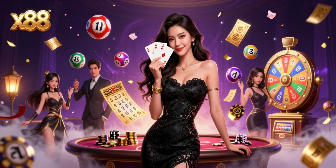 Experience the thrill of winning at x88 with vibrant casino elements and a stylish dealer.