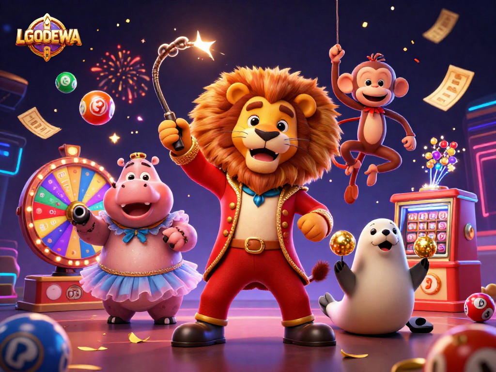 Experience the excitement of LGODEWA in a festive 3D illustration featuring lively casino elements.