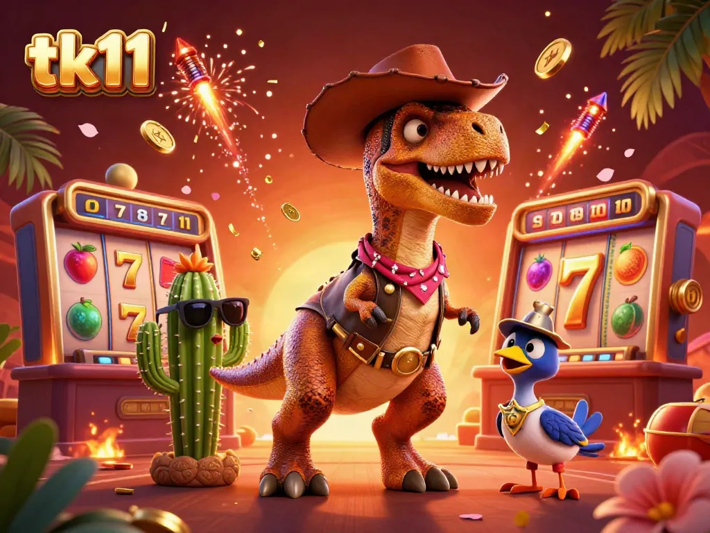 Engage with tk11 in a lively casino scene featuring a cartoon T-Rex, cactus, and roadrunner among slot reels and lucky symbols.