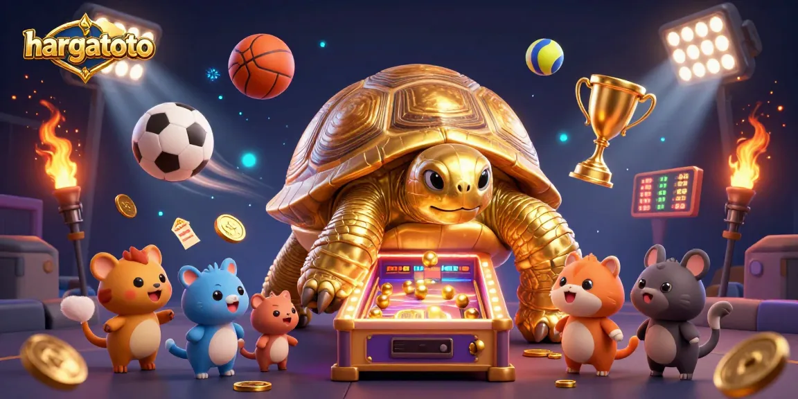 Experience the excitement of hargatoto with a dynamic casino scene featuring a golden tortoise and sports elements.