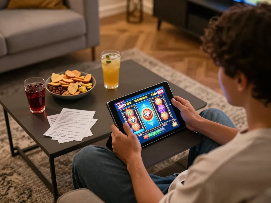Pemain yang terlibat dalam aksi slot online dengan bonusanggotabaru di tablet, menampilkan permainan yang penuh warna.