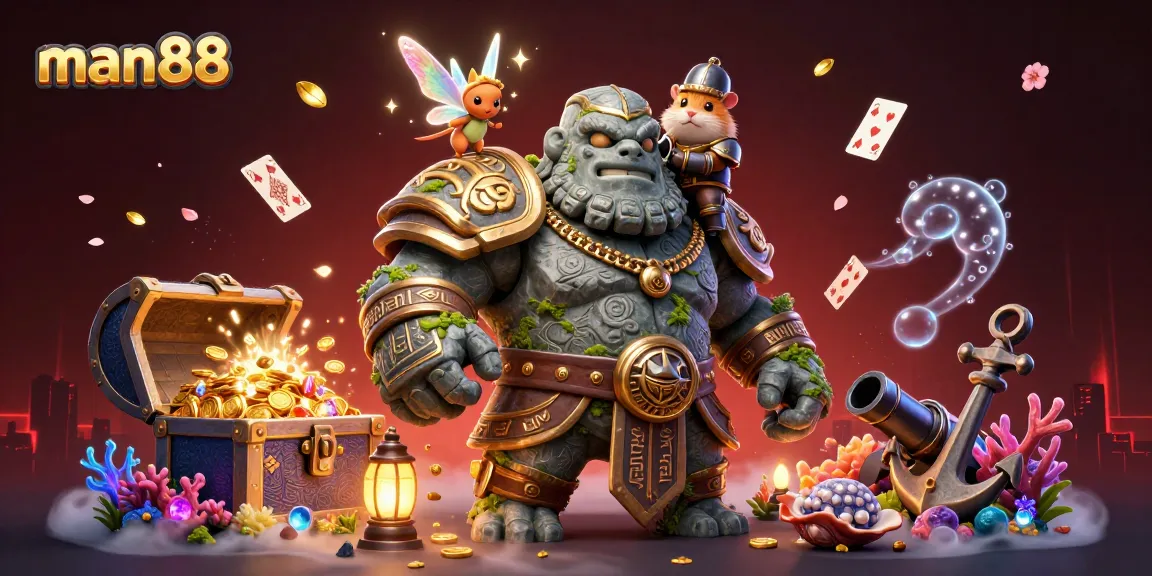 Experience man88's thrilling adventure with golem guardian and fairy magic at the vibrant online casino.