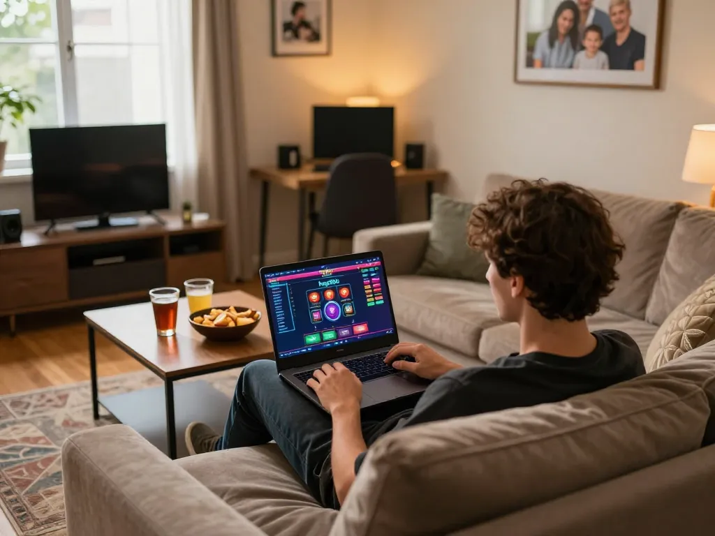 Pemain berinteraksi dengan kasino online hwg500 di laptop dalam suasana rumah yang nyaman.