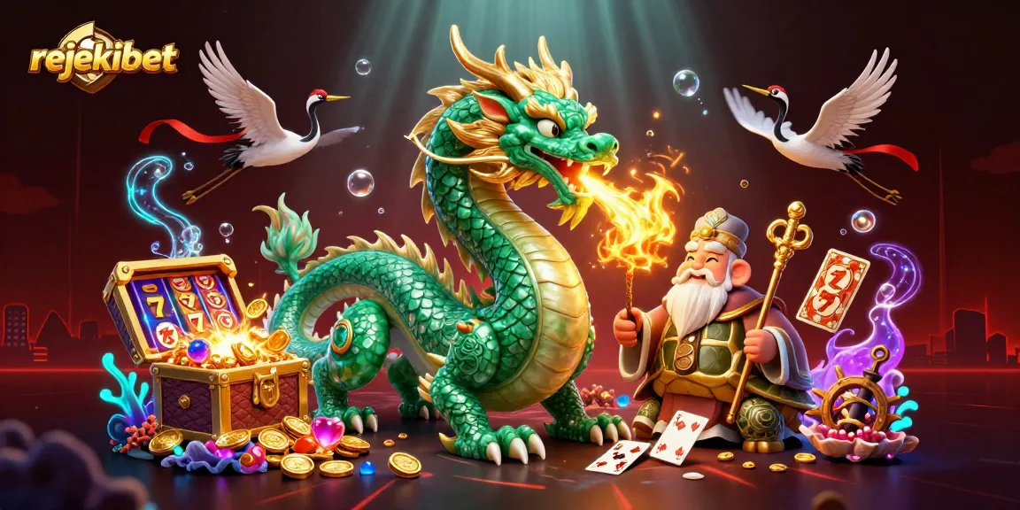 Experience rejekibet with an emerald jade dragon and lucky symbols in an exciting casino environment.