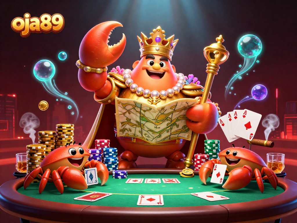Menangkan permainan di oja89 dengan ilustrasi raja kepiting emas menguasai kasino.