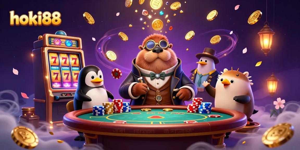 Slot online hoki88 menampilkan walrus dan dealer, dikelilingi koin emas.