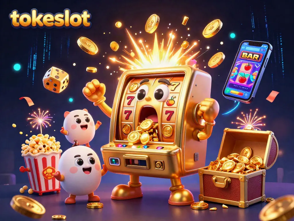 Tokeslot features a lively scene of cartoon slot machines celebrating a jackpot with vibrant casino elements.