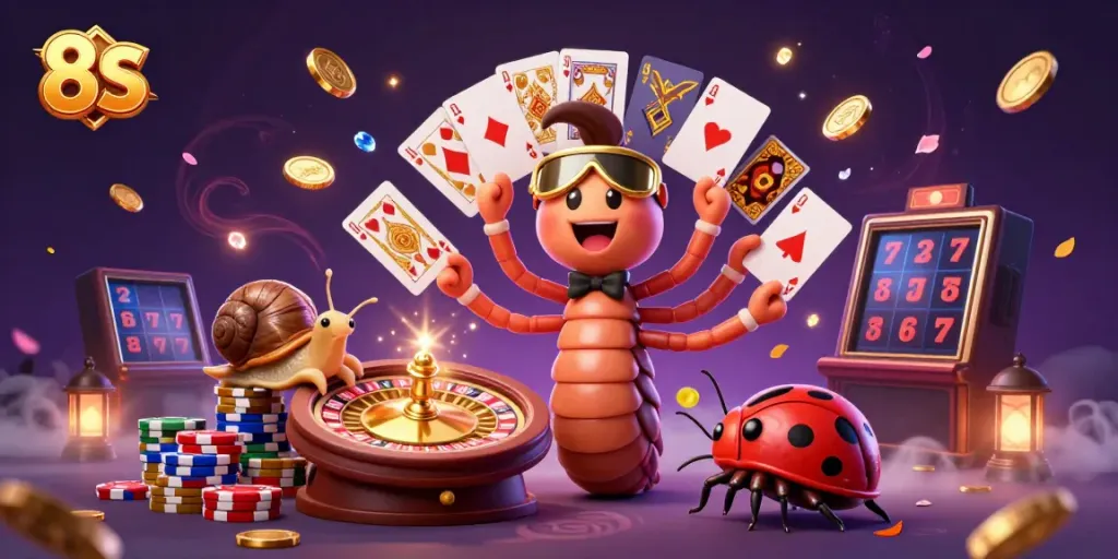 Experience the thrill of 8S gaming with a cartoon millipede dealer and vibrant casino elements.