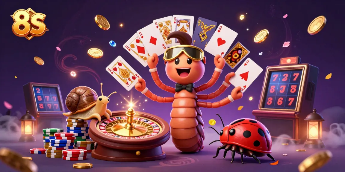 Experience the thrill of 8S gaming with a cartoon millipede dealer and vibrant casino elements.