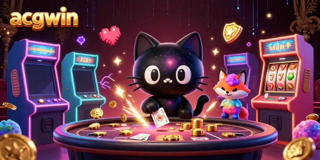 Experience the cosmic charm of acgwin as a black hole cat pulls in golden chips at a vibrant casino table.