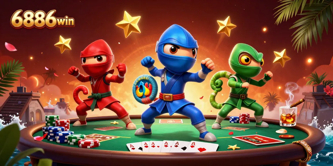 Play dynamic casino games with the vibrant 6886win chameleon team in this rich illustrated scene.