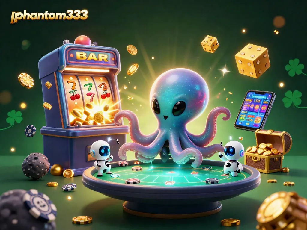 Experience thrilling wins with phantom333 at a vibrant casino scene featuring alien and robot characters.