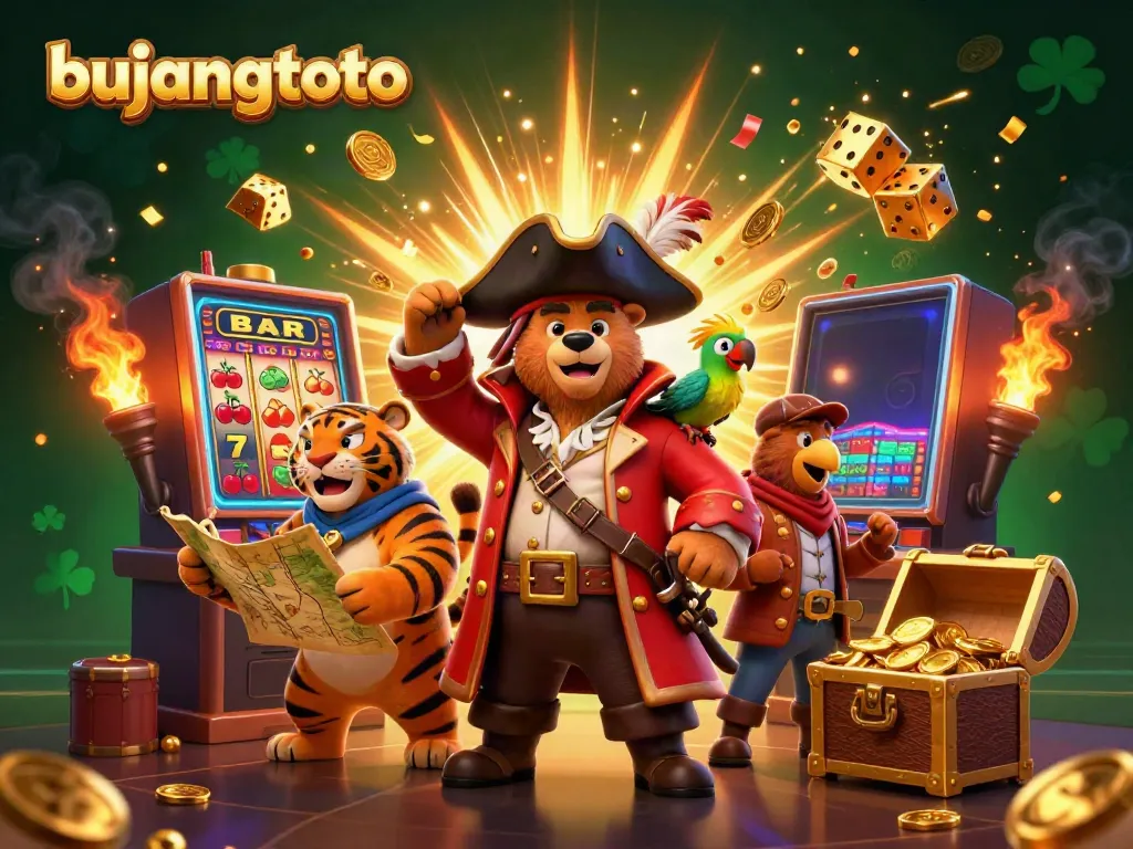 Bujangtoto pirate captain bear leads a vibrant gaming scene with slot machines and treasures.